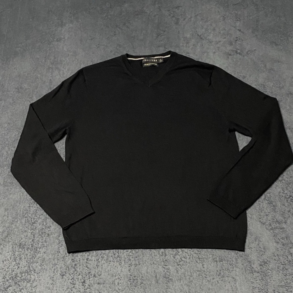 Structure Sweater Men L Black Merino Wool Pullover V-neck Preppy Lightweight